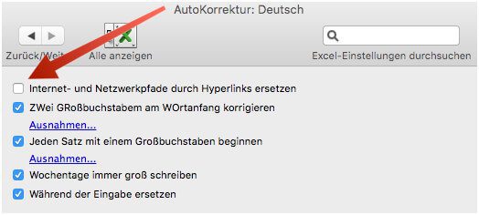 Microsoft Office Excel Einstellungen > Autokorrektur