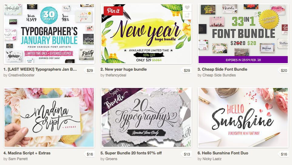 Auf der Webseite Creative Market findet man regelmässig Angebote mit vielen Schriftarten zu günstigen Preisen.