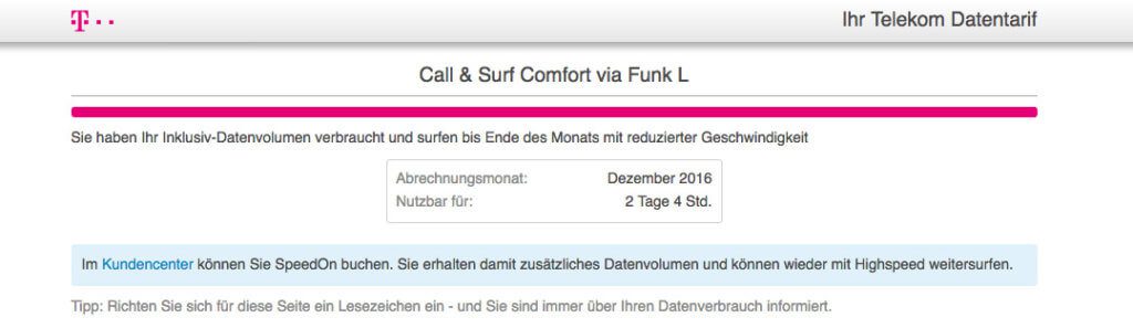 Aktuellen LTE Verbrauch abfragen – funktioniert auf pass.telekom.de. Hier sieht man, dass meine 30GB leider wieder weg sind. :(