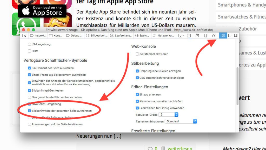 Den Button für die Screenshot-Funktion muss man erst einmal in den Entwicklerwerkzeugen bzw. Developertools aktivieren. Dazu drückt man die fn-Taste und die F12-Taste und wählt dann oben rechts im neuen Fenster das Zahnrad-Symbol. Dort aktiviert man das Häckchen bei dem Screenshot-Button.