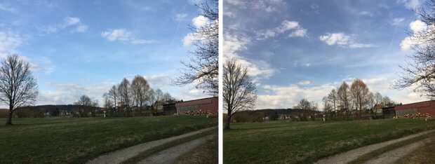 Als letztes hier noch ein Landschaftsfoto im Vergleich: Links ohne Filter und rechts mit CPL-Filter. Man sieht zum einen viel mehr Struktur in den Wolken und ein tieferes Blau im Himmel, aber wenn man genau hinsieht, erkennt man auch, dass die Wiese und die Äste der Bäume einen deutlich wärmeren Farbton bekommen haben.