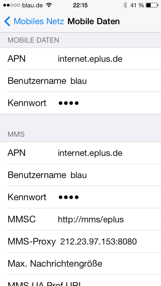 iPhone mobiles Datennetzwerk für blau.de