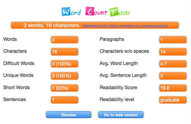 Word Count Tool Ausgabe