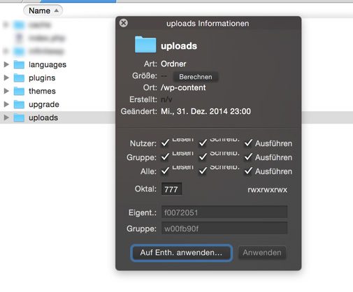 Wordpress Rechte beim Upload auf 777