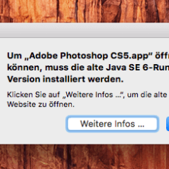 Nach der Aktualisierung auf OS X El Capitan bekommt man beim Start von Photoshop CS5 dieses Info-Fenster mit dem Hinweis auf die alte Java Runtime-Version.