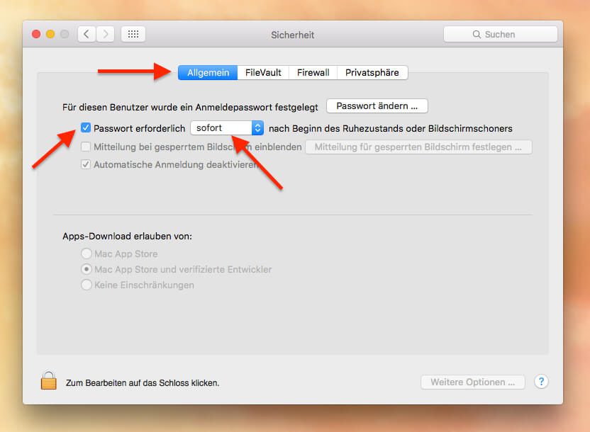 Systemeinstellungen - Sicherheit - Allgemein - Sperren nach 0 Sekunden