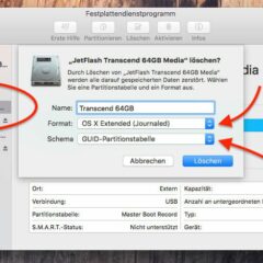 Bootfähigen USB Stick am Mac erstellen: beim Löschen bitte OS X Extended als Format und GUID als Schema wählen
