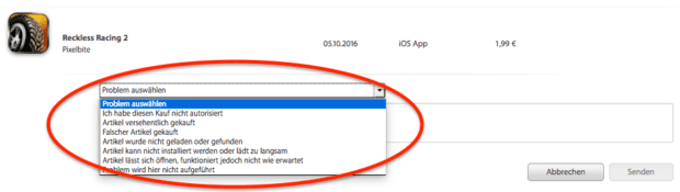 Schritt 3: Nun wählt ihr den Grund warum ihr die App oder den Film zurück geben möchtet. In einem Textfeld könnt ihr noch Kommentare ergänzen und dann mit dem Senden-Button die Rückgabe starten.