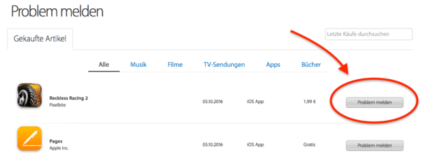 Schritt 2: Nun sucht ihr die App, den Film oder die Datei, die ich zurück geben möchtet. Dazu könnt ihr ggfs. auch die Suchfunktion nutzen. Klickt dann auf den Button "Problem melden".