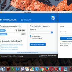 Im Login-Fenster sieht man links seine eigene ID und das Kennwort (hier unkenntlich gemacht) und rechts kann man die Daten eines entfernten Mac eintragen, um sich mit ihm zu verbinden.