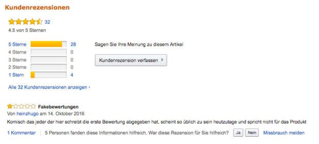 Bei einige Solar-Akkuspeichern findet man eine Verteilung der Bewertungen, die einen gleich Verdacht schöpfen läßt: Lauter 5-Sterne-Bewertungen und einige 1-Sterne-Bewertungen sind keine "normale" Verteilung. Und entsprechend wurde ich auch fündig, dass hier wohl Fake-Bewertungen darunter sind.
