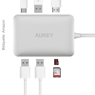 AUKEY Lightning Hub für das MacBook Pro 2016 mit Anschlüssen für USB 3.0, USB 2.0, USB Typ C, SD Karten, microSD Karten und HDMI. Bild: Amazon