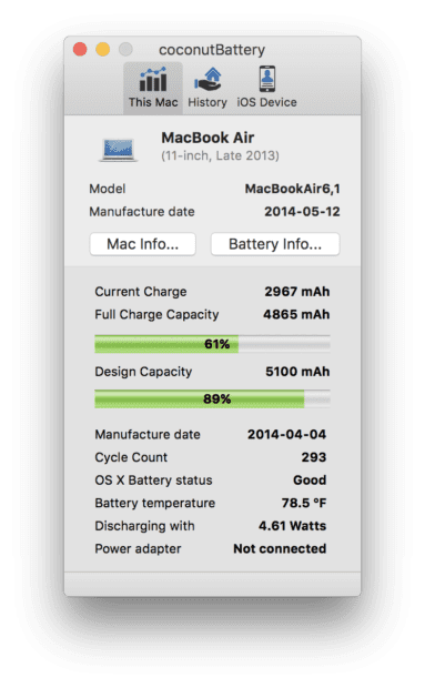 The macOS app Coconut Battery shows a number of values from which you can read out the remaining runtime of the MacBook. (Image: coconut-flavour.com)