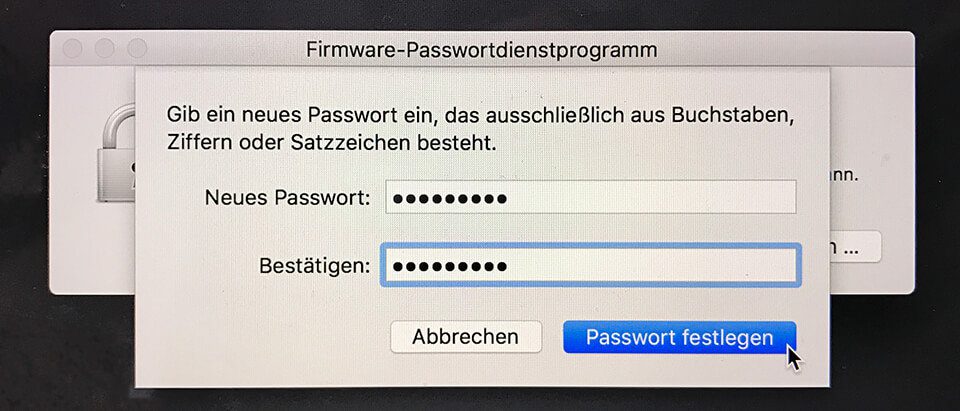 Passwort für den Mac: Firmware Password für macOS Sierra aus Buchstaben, Ziffern und Satzzeichen.