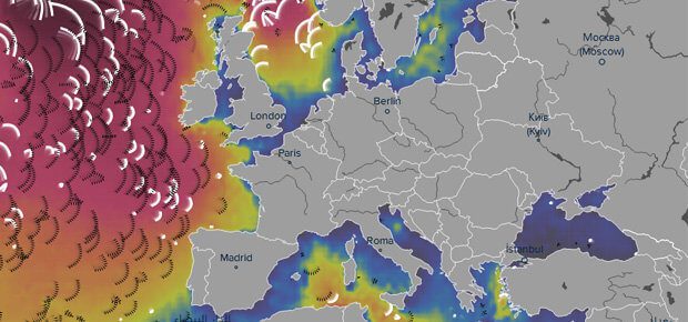 The waves of the seas surrounding Europe on the Ventusky weather map. Visualization of Weather 2017 - weather to share as map on facebook and twitter