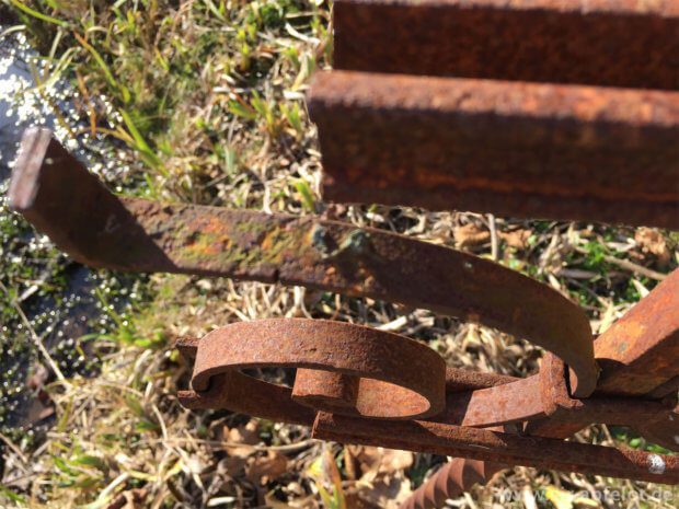 iPhone senza obiettivo aggiuntivo e senza post-elaborazione: sfortunatamente, l'autofocus si è concentrato sull'elemento inferiore della decorazione arrugginita del giardino.