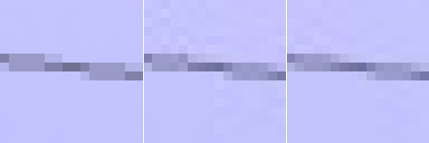 16 x 16 Pixel Grafik, die eine Telefon-Oberleitung vor blauem Himmel zeigt. Wie oben ist links nichts komprimiert, in der Mitte mit libjpeg und rechts mit Guetzli. Im Vergleich eine noch recht gute Qualität.