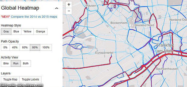 Die Sport Heatmaps der Strava Labs lassen sich verschieden darstellen: hier seht ihr beliebte Laufstrecken bis 80% Auslastung in Frankfurt a.M.: am Main, im Norden und teils im Süden. Die verschiedenen Filter der Karte helfen, die richtige Route zu finden.