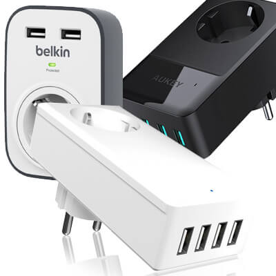 USB charger with Schuko socket, AUKEY, Belkin, Icy Box, Schuko and USB ports, travel, vacation charger for several USB devices smartphone tablet camera