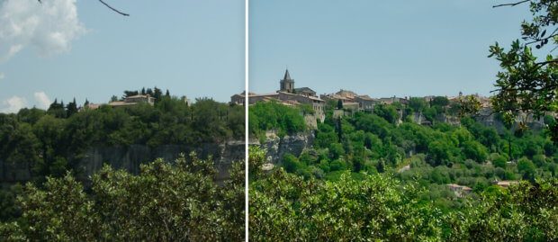 Ein Landschaftsfoto, das in Frankreich gemacht wurde. Ich finde es faszinierend, wie plastisch die Büsche im Vordergrund durch die Überarbeitung werden. Auch der Himmel bekommt einen schöneren, aber realistischen Blauton.