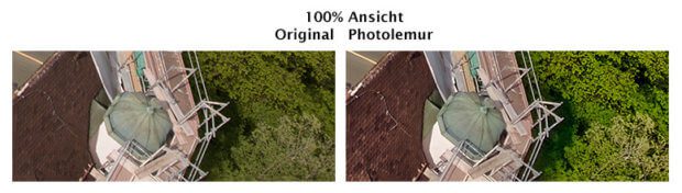 Hier ein 100% Detail-Auszug von dem oberen Foto. Man sieht hier deutlich, wie die Farbschattierungen der Ziegel deutliche schöner sind. Auch die sonstigen Details der Blätter an den Bäumen und beim Turmdach sind deutlich hervorgehoben.