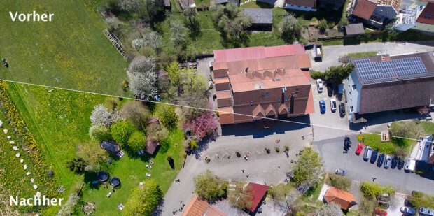 Luftbild von einem Ferien-Bauernhof: Die untere Hälfte ist von Photolemur und oben das Original… der Unterschied ist deutlich.