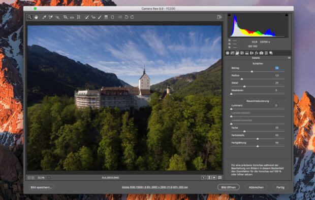 Beim RAW-Import konfrontiert Photoshop den Benutzer erstmal mit einer Batterie an Schiebereglern und Menüs, die zwar viele Einstellungsmöglichkeiten bieten, aber eine Auto-Optimierungs-Funktion gibt es hier leider nicht.