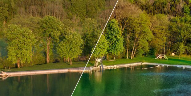 In dieser 100% Ansicht des gleichen Fotos sieht man besser, wie die Scharfzeichnung von Photolemur den Wald und die Wasseroberfläche bearbeitet und mehr Struktur rausgeholt hat