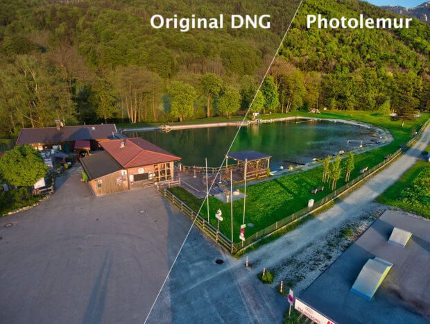 Foto von einem Wasserpark im Sonnenuntergang. Links das Original DNG in Photoshop und rechts die Überarbeitung von Photolemur. Die rötliche Abendstimmung hat Photolemur entfernt, aber dafür auch die Farben herausgeholt und mehr Details gefunden (Fotos: Sir Apfelot).