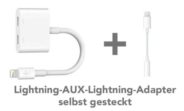 Works reliably, but unfortunately expensive: a self-made Lightning-AUX-Lightning adapter made from a Belkin RockStar and the Apple Lightning adapter.