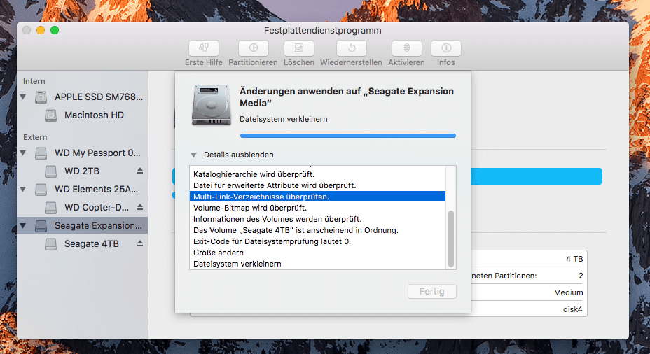 Möchte man am Mac eine größere Festplatte partitionieren, dann sollte man Geduld mitbringen (Screenshot aus dem Festplattendienstprogramm)… nach gut 1,5 Stunden Warterei.