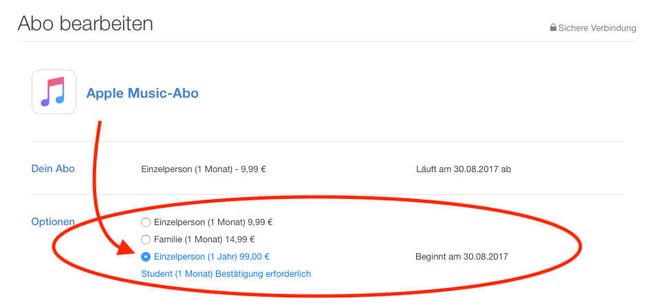 Hat man das Apple Music Abo in der Detailansicht aufgerufen, stellt einem iTunes diverse Abrechnungsmöglichkeiten zur Verfügung. Unter anderem auch das "Jahresabo", das wir nun anklicken und dann durch Eingabe des Apple-ID-Passworts bestätigen.