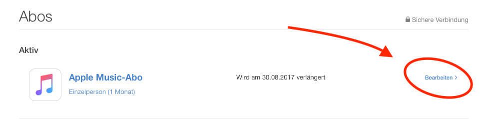 In der Liste der Abos findet man auch Apple Music. Hier klickt man rechts auf "Bearbeiten", um die weiteren Details einsehen zu können.