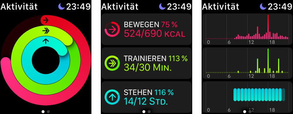 The activity app of the Apple Watch shows the movement goals that you have for each day in three colored rings that you should fill.