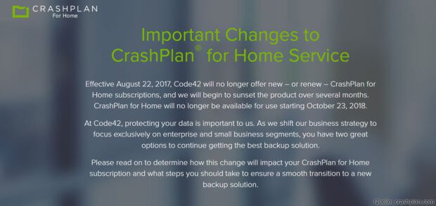 Die Nachricht des Backup-Anbieters für alle, die Interesse an der Home-Lösung haben. Eine CrashPlan-Alternative wird zwar aufgezeigt, für Apple User ist Backblaze aber brauchbarer. (Screenshot von CrashPlan.com)