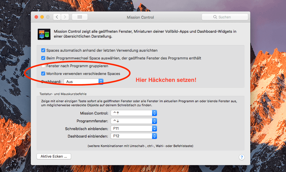 In den Einstellungen von Mission Control muss die Option "Monitore verwenden verschiedene Spaces" aktiviert sein.
