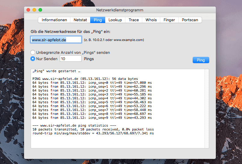 Das Netzwerkdienstprogramm kann deutlich mehr als nur einen Ping versenden. Hier sieht man aber, wie die 10 Pings an www.sir-apfelot.de verschickt wurden und mit welchen Antwortzeiten diese zurück kamen.