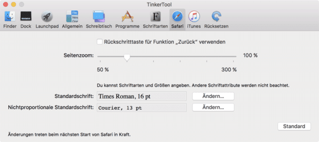 Einstellungen in macOS mit TinkerTool - hier seht ihr, was ihr am Safari-Browser konfigurieren könnt. Bild: bresink.com