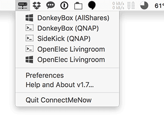 Access directly from the menu bar in Mac OS X or macOS. You are connected to the server, drive or device in the network / internet with two clicks. Connect me now