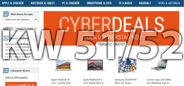 The Cyberport Cyberdeals of calendar week 51/52 2017 bring you Apple MacBook models for less, as well as televisions, hard drives, Bluetooth speakers and more!