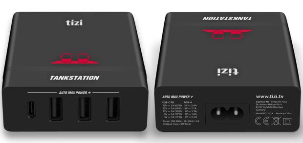 The handy Equinux tizi tank station: now with 75 watts, 1 x USB-C PD (60W) and 3x USB-A (total 15W).