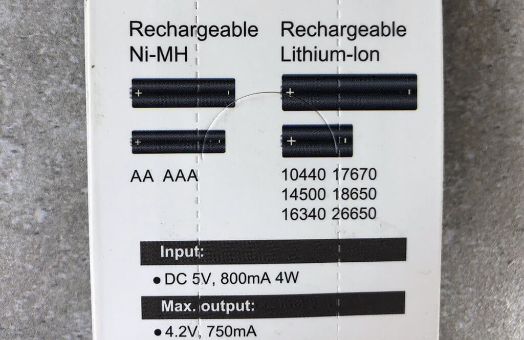 The technical data are kept short, but you can already see the large number of rechargeable battery types on the back of the pack.