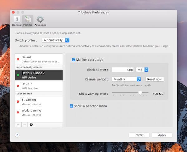 Auch die Verwaltung von Profilen und die Eingrenzung der Datennutzung ist mit TripMode möglich.