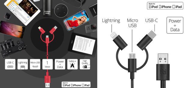 Drei Anschlüsse sorgen für komplette Kompatibilität mit Android- und iOS-Geräten genauso wie mit anderen mobilen Gadgets. Zudem ist das Kabel MFi-zertifiziert.