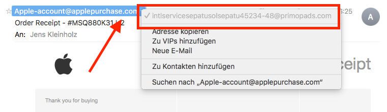 Die echte Absender-Adresse sieht man, wenn man auf die Mail-Adresse klickt.