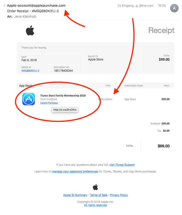 Diese Phishing-Mail gibt sich als Mail von Apple aus. Im ersten Moment sieht sie sehr überzeugend aus. Nur an Kleinigkeiten erkennt man, dass hier böse Leute einem die iCloud Daten abgreifen möchten.