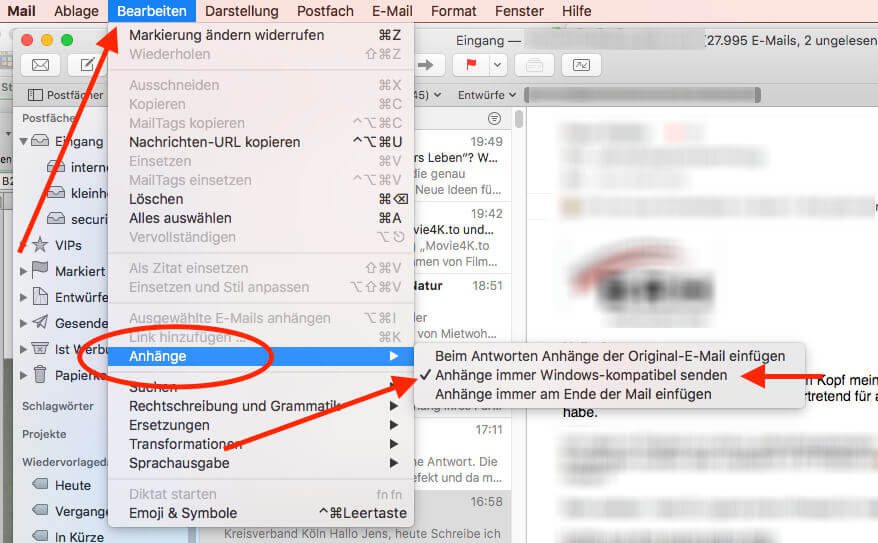 In Apple Mail ist eine Option enthalten, die das Problem mit den ATT0000x-Anhängen in Outlook und Exchange löst.
