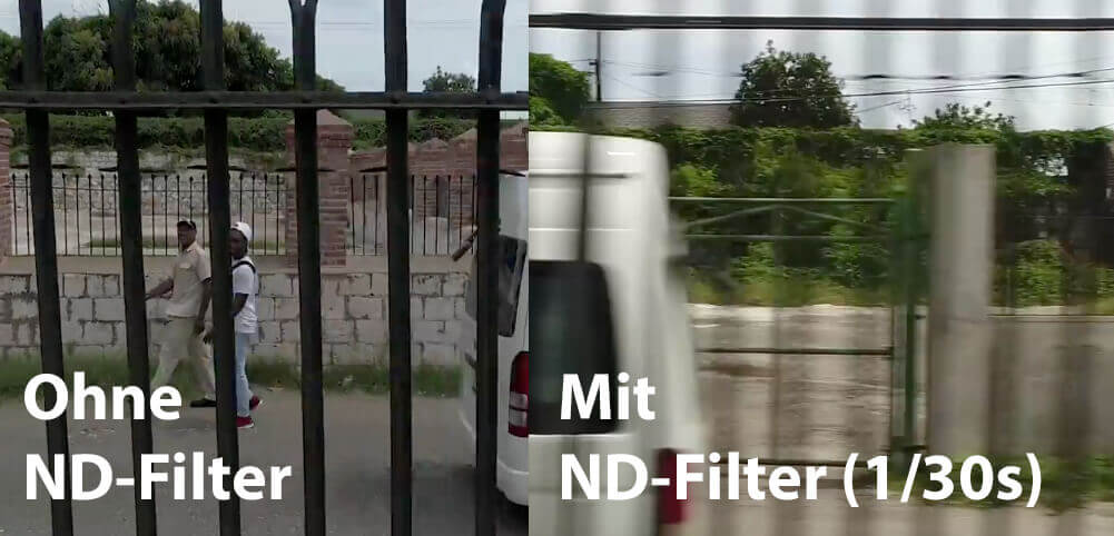 Hier wurde die Drohne einmal von rechts nach links bewegt und einmal wurde die Aufnahmen ohne ND Filter und einmal mit ND-Filter gemacht. Durch den ND-Filter wurde das rechte Bild mit einer Verschlusszeit von 1/30stel Sekunde gemacht, was dafür sorgt, dass die Stäbe des Zauns weichgezeichnet werden (Quelle: 52things Youtube).