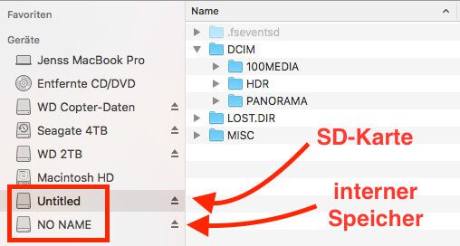 SD card and internal storage appear on the Mac as two drives in the Finder when you plug in the drone via the USB-C cable.