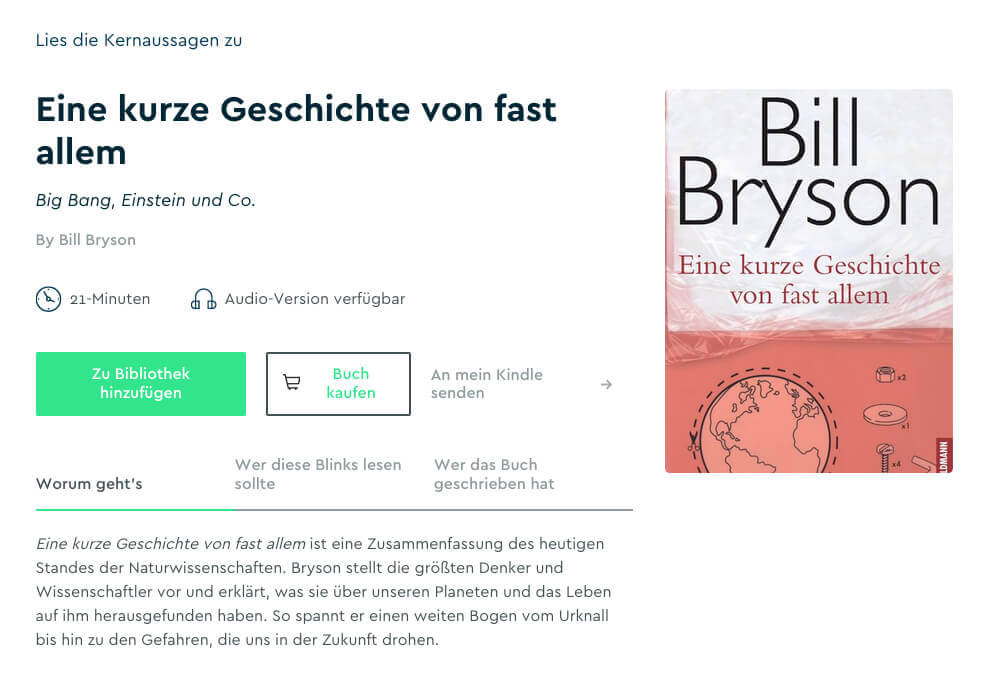 Das Buch "Eine kurze Geschichte von fast allem" von Bill Bryson ist ein Negativ-Beispiel, das zeigt, warum es manchmal besser ist, das "echte" Buch zu lesen (Screenshot: blinkist.com).